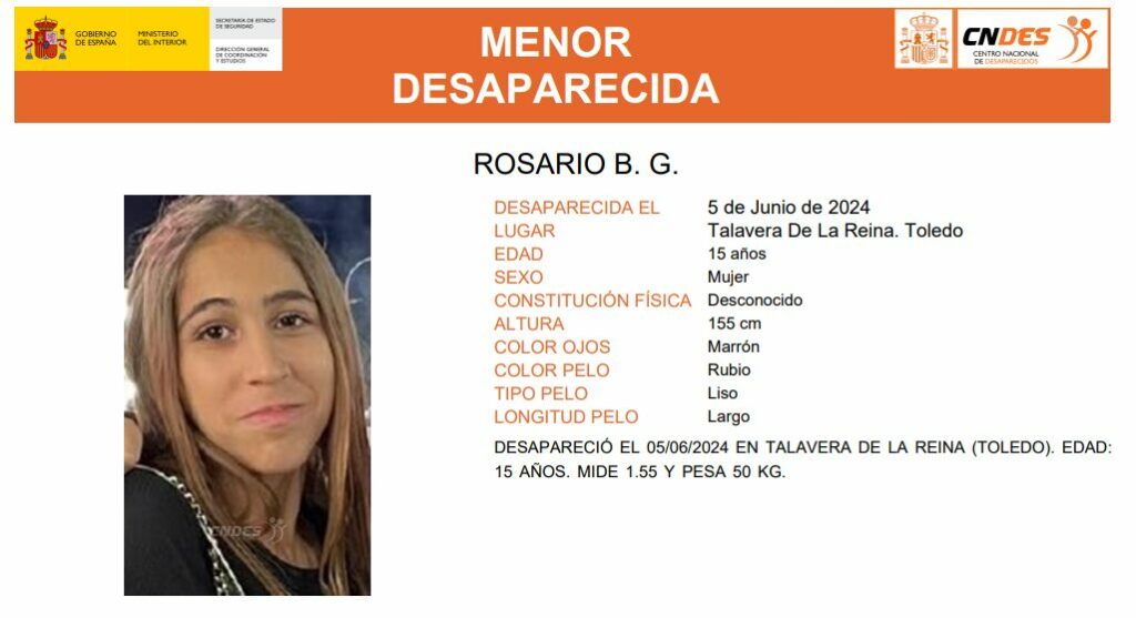 Buscan a Rosario, una menor desaparecida en Talavera (Información obtenida de la página oficial del CNDES)
