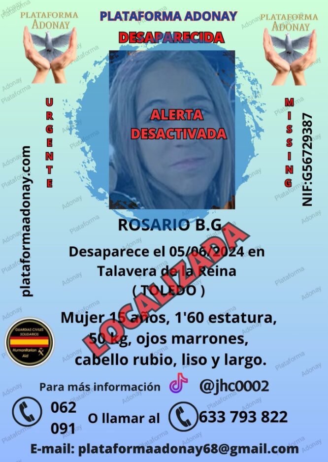 Rosario, la joven que desapareció en Talavera, ha sido localizada (Foto de plataforma Adonay)