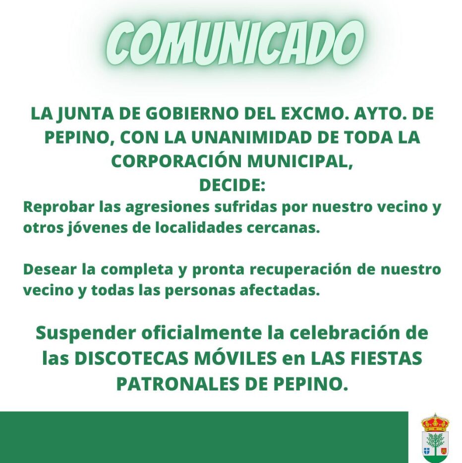 Pepino suspende las discotecas móviles en sus fiestas patronales (Foto del comunicado que ha publicado la localidad en sus redes sociales)