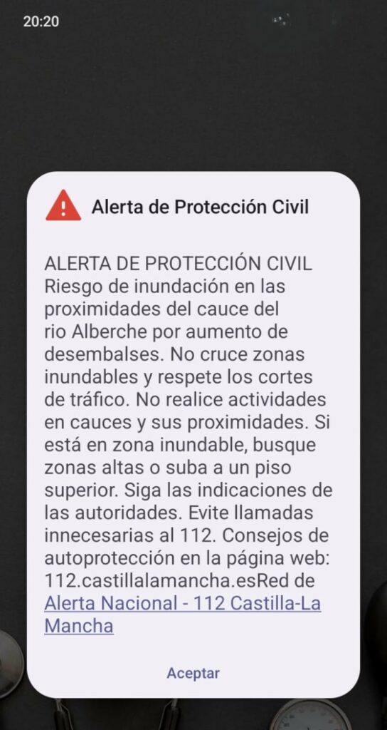 Nuevo mensaje de Es-Alert a seis municipios toledanos ante el posible aumento del caudal del Alberche